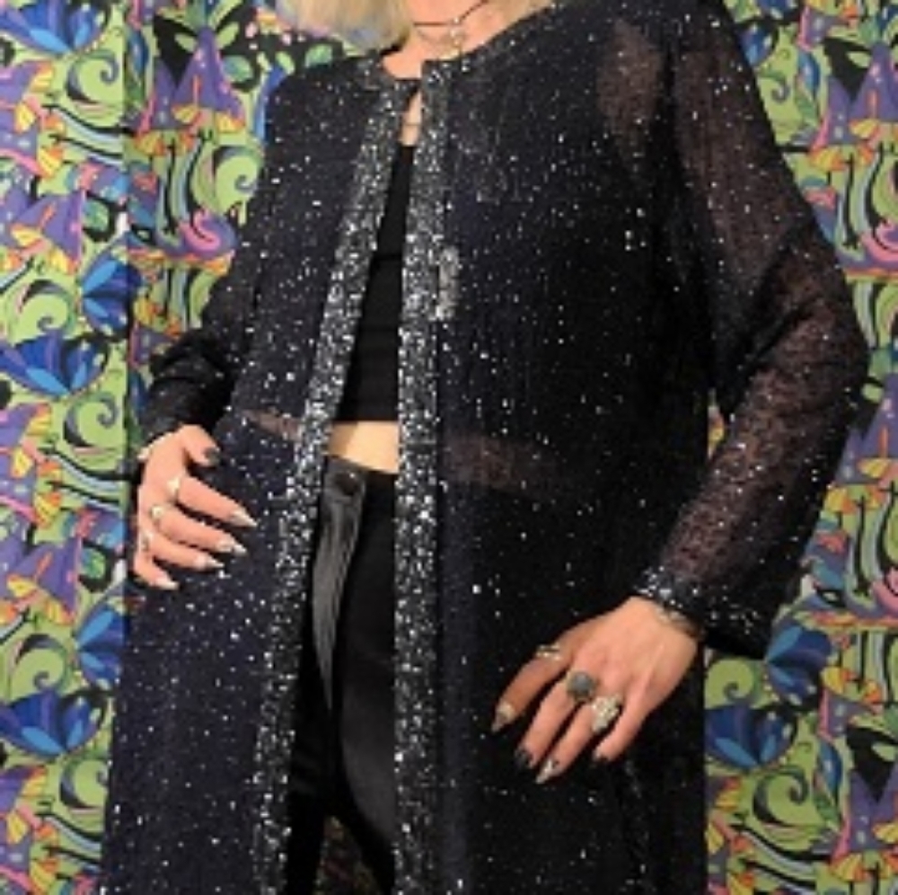 Gorgeous Vintage Silk Beaded Maxi Mandarin Style Jacket Dark Blue Free Size